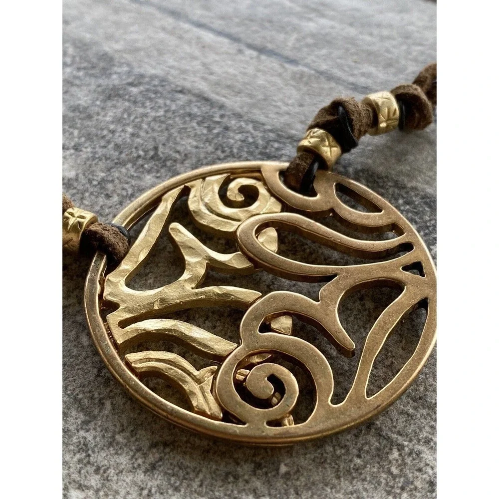 Chico’s Necklace Faux Leather Cord Gold Tone Pendant 18”